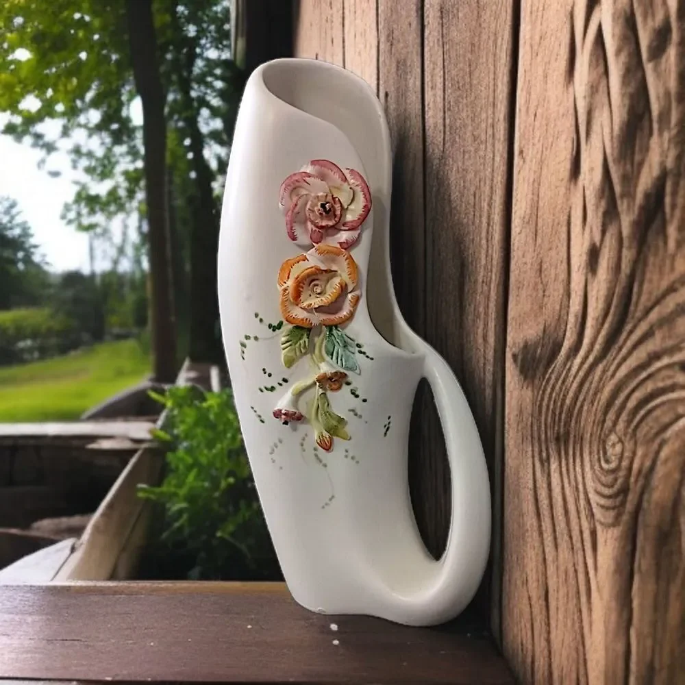 Vtg Applied Flowers Porcelain Vase Pitcher Abstract Handpainted Art Deco Nouveau